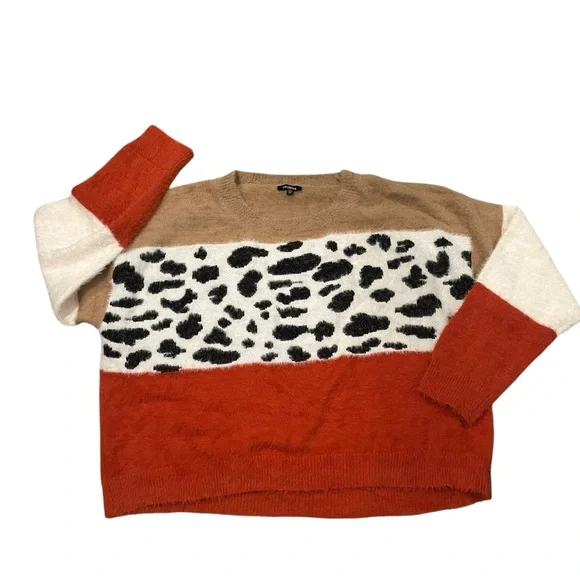 COCOBLEU Colorblock Leopard Print Fuzzy Crewneck Sweater, Sz 1X - Picture 11 of 14